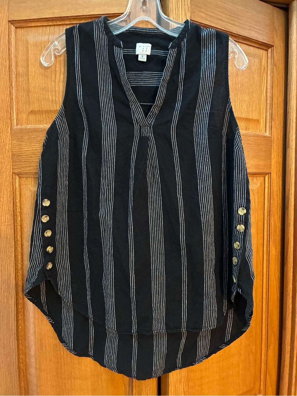 Striped Black V-Neck Sleeveless Tank with Side Button Detail